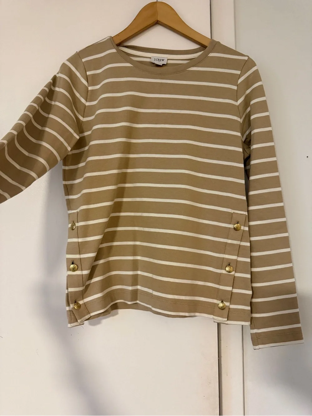 J. Crew Kids Tan and White Striped Long-Sleeve Top with Button Detail